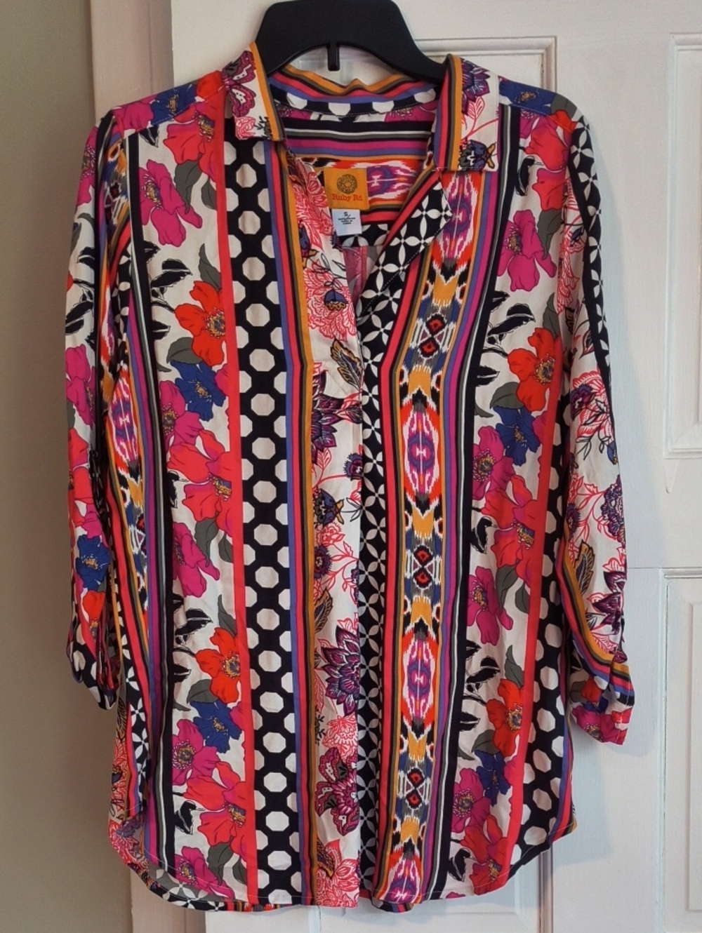 Ruby Rd. Floral & Stripe Button-Front Tunic - Pink, Red, Purple, Blue